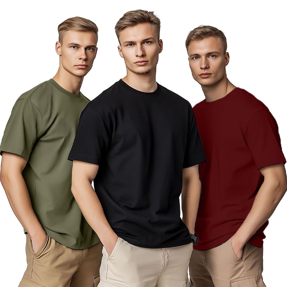 Nobero MenS Solid Regular Fit T-Shirt (1M-Twts-R0008_2_Black / Olive Green/Wine Red
