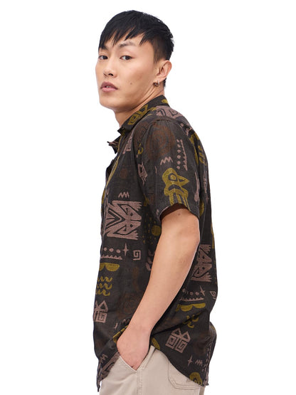 The Souled Store Ancient Trip Men and Boys Short Sleeves Collared Neck Button Front Brown All Over Printed Cotton Textured Shirt