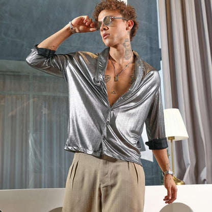 Campus Sutra MenS Antique Silver Shawl Collar Shirt | Casual Wear | Shawl Collar | Long Sleeve | Button Closure | Shirt Crafted