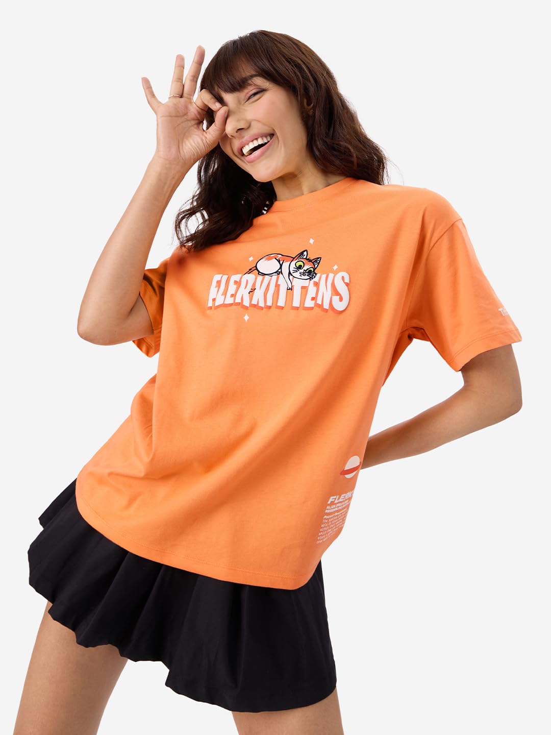 The Souled Store Official Marvel: The Marvels Flerkittens Women and Girls Short Sleeve Round Neck Orange Graphic Printed Cotton