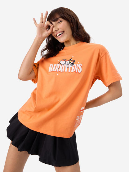The Souled Store Official Marvel: The Marvels Flerkittens Women and Girls Short Sleeve Round Neck Orange Graphic Printed Cotton