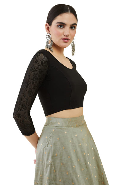 Soch Womens Black Spandex Princess Cut Blouse With Floral Sleeves