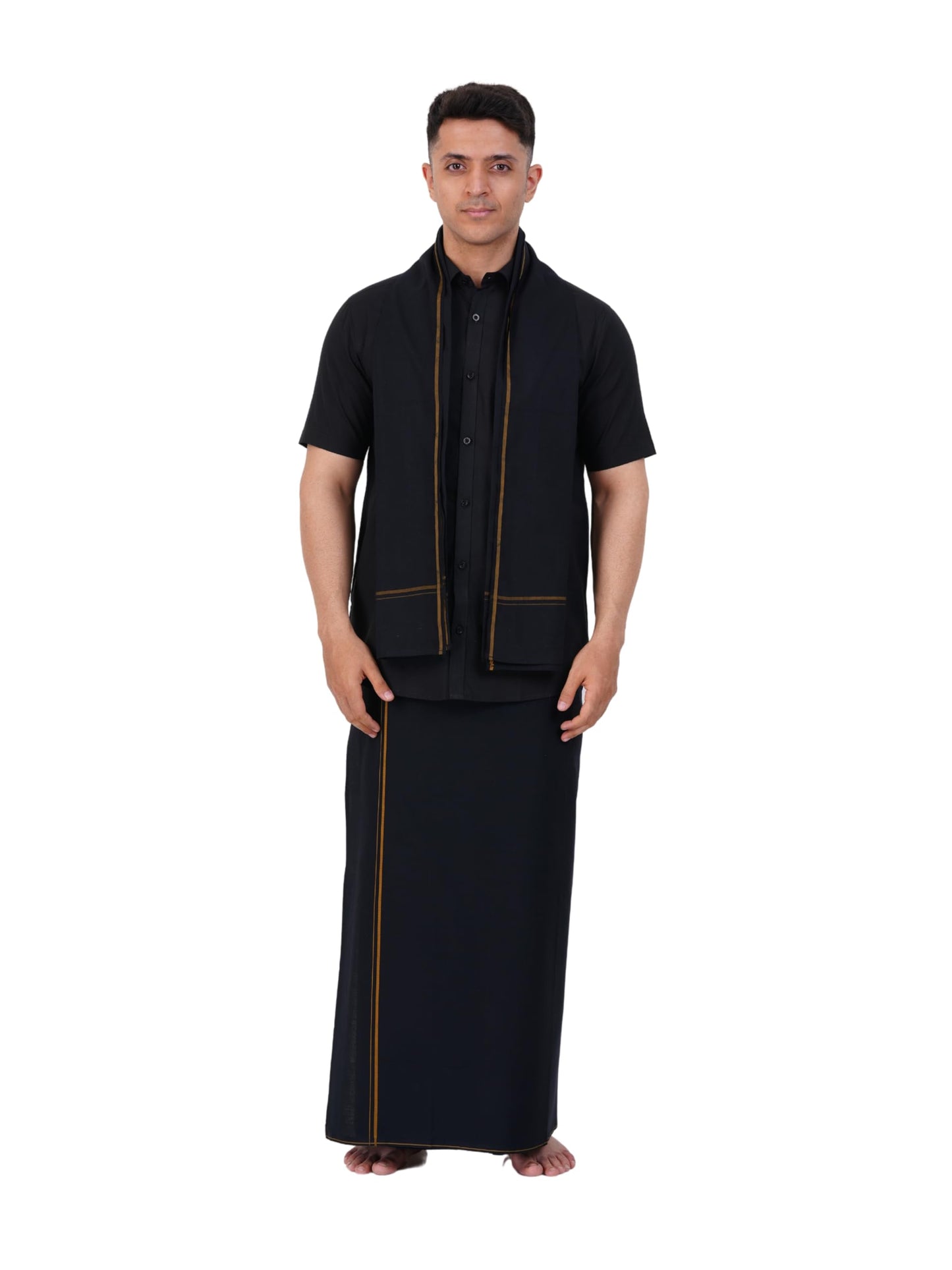 Prakasam Cotton Mens Single Small Border (1.28X2.00 Mtrs) Black Dhoti + Readymade Half Sleeve Shirt + Black Small Border Towel