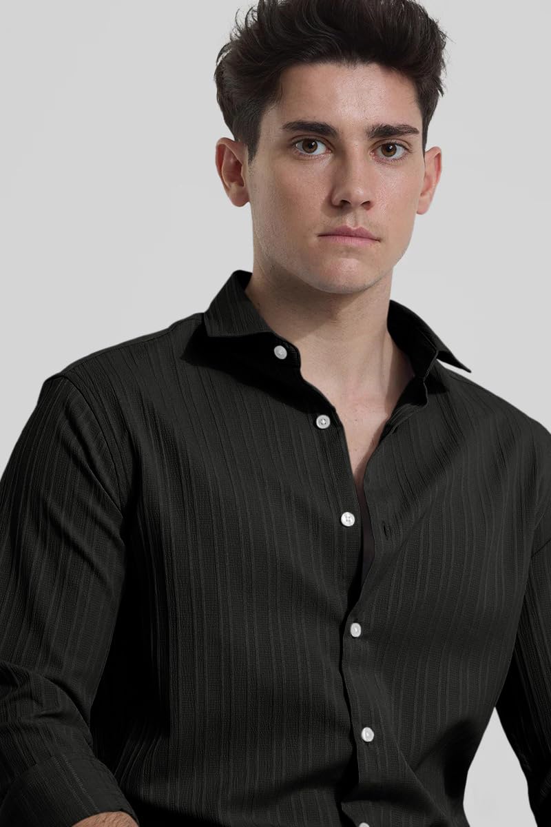 Finivo Fashion MenS Casual Cotton Plain Button Down Shirts Full Sleeve Textured Summer Beach Shirt For Men Black