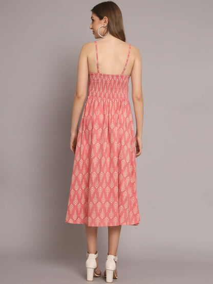Peppyzone Women'S Handblock Printed Sleeveless Shoulder Strip Cami Dress