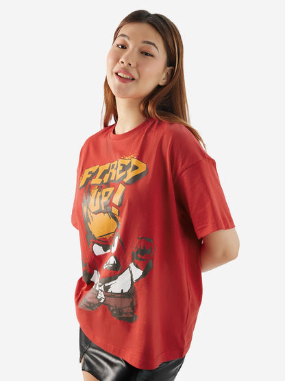 The Souled Store Official Inside Out: Fired Up Women and Girls Short Sleeves Round Neck Red Graphic Printed Cotton Oversized T-S