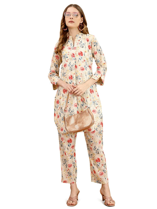 Womanista Women's Pure Cotton Floral Printed Tunic With Trouser Co-Ord Set (Co-Ords_9074)