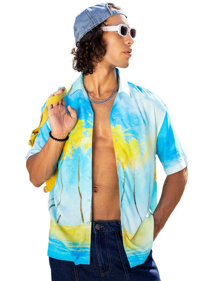 Bewakoof Mens All Over Printed Regular Fit Half Sleeve Resort Collar Rayon Shirt_624365_Blue_XL