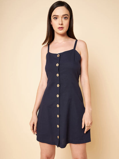 High Star Women'S Cotton Fit And Flare Mini Dresses (Hswdrs23001_Nv_Navy Blue)
