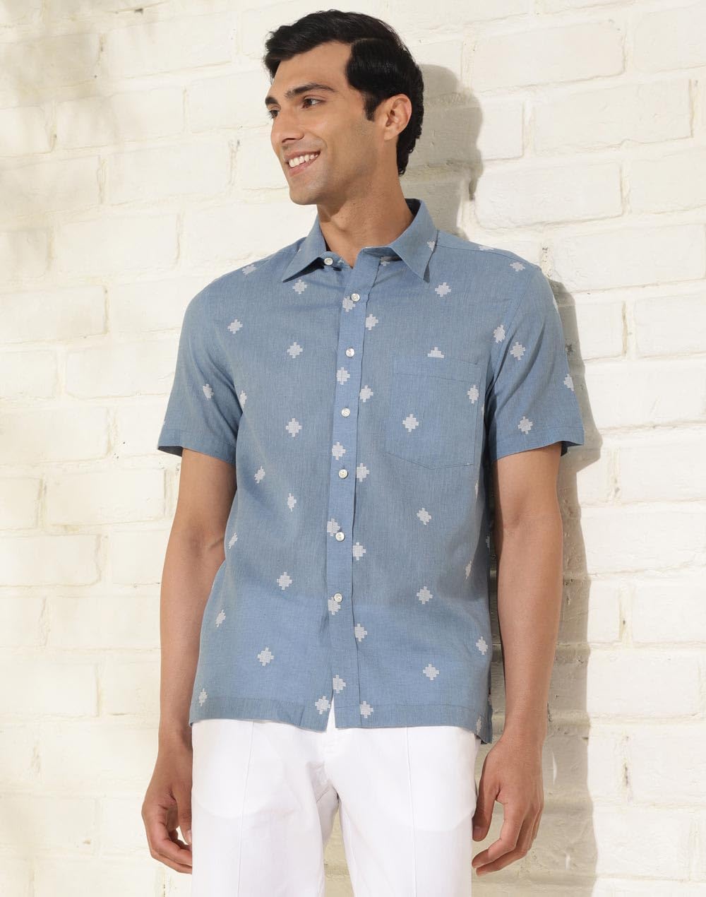 Fabindia Men's Self Design Straight Fit Shirt (2120190BLUE_Blue