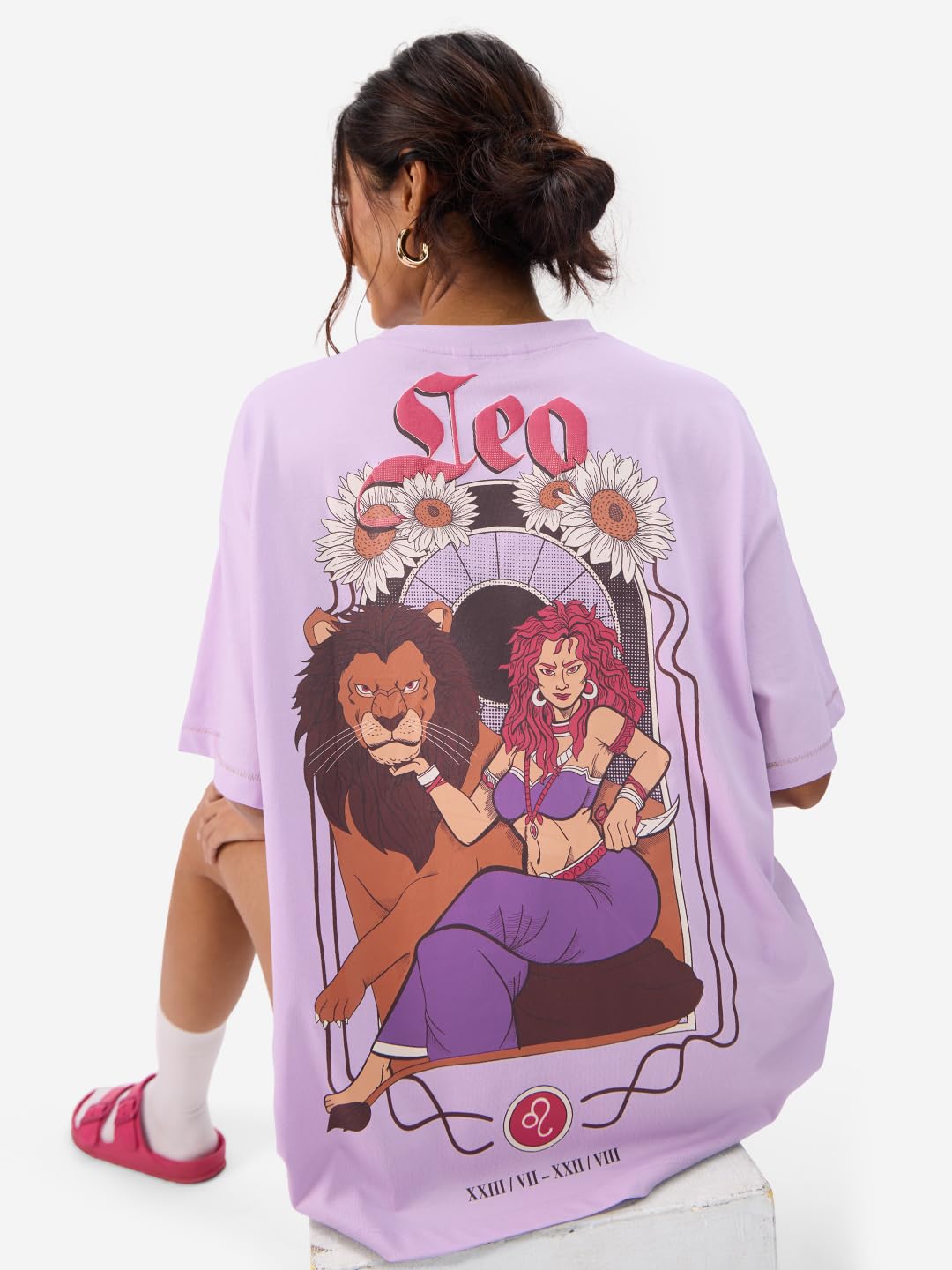 The Souled Store Zodiac: Leo Women and Girls Short Sleeves Round Neck Purple Graphic Printed Cotton Oversized T-Shirts