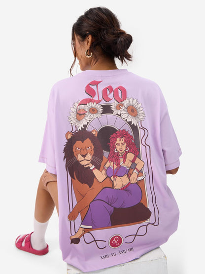 The Souled Store Zodiac: Leo Women and Girls Short Sleeves Round Neck Purple Graphic Printed Cotton Oversized T-Shirts