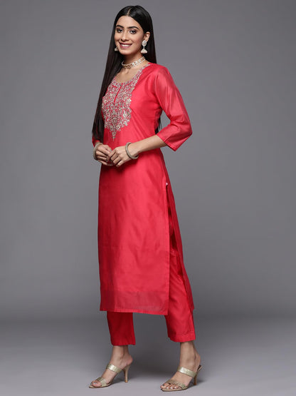 Varanga Pink Embroidered Kurta Paired With Straight Tonal Bottom And Contrast Dupatta
