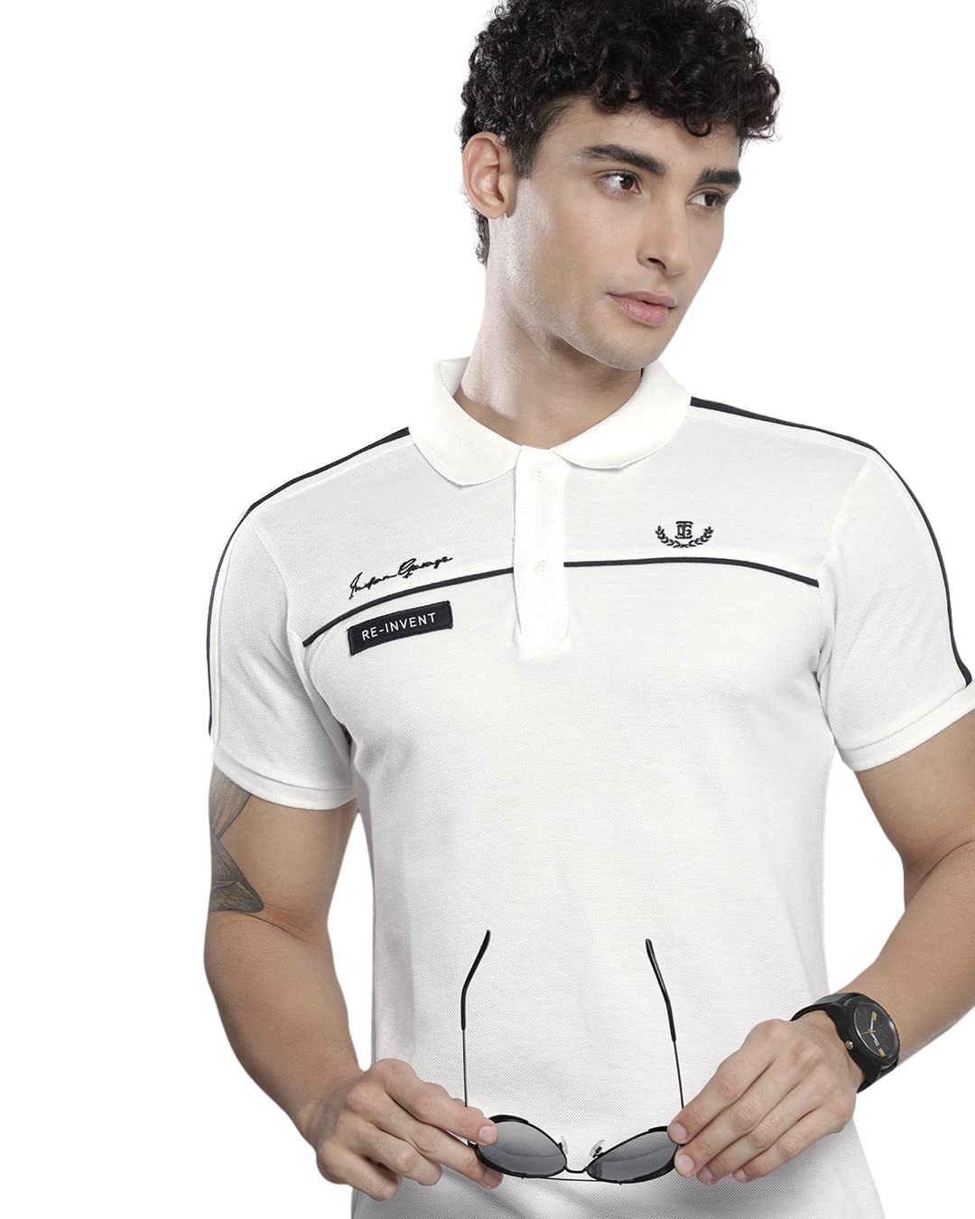 The Indian Garage Co Men Slim Fit Solid Polo Collar Tshirt White