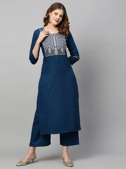 ANNI DESIGNER Womens Cotton Blend Straight Embroidered Kurta with Pant & Dupatta (Mahuni) Blue
