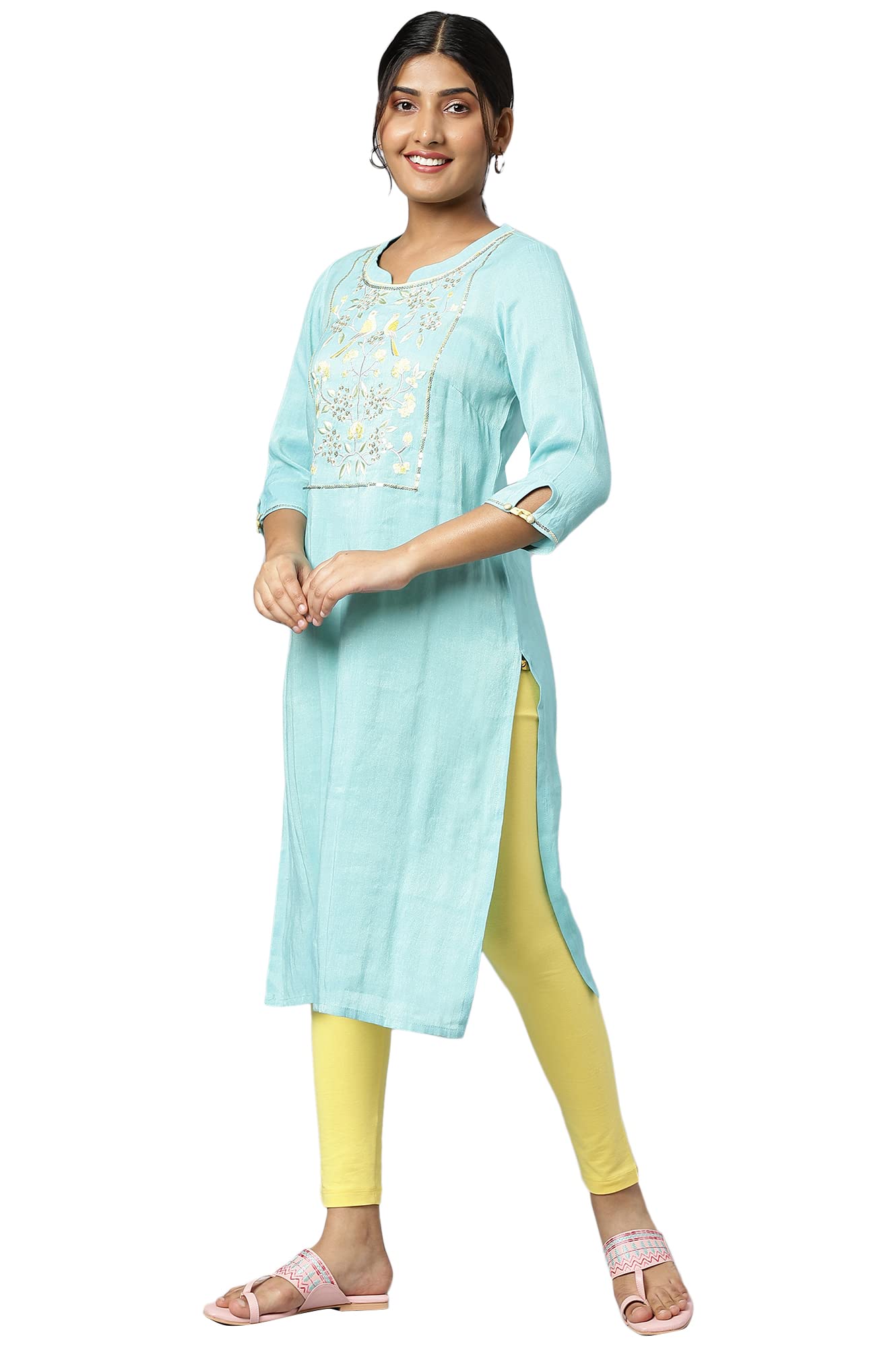 Aurelia Women Viscose Straight Fit Mint Zari Solid Yarn Dyed Straight Kurta