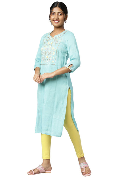 Aurelia Women Viscose Straight Fit Mint Zari Solid Yarn Dyed Straight Kurta