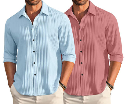 Macsivo Combo Of MenS Casual Button Down Shirts Long Sleeve Linen Shirt Fashion Textured Beach Summer Shirt Pack Of 2