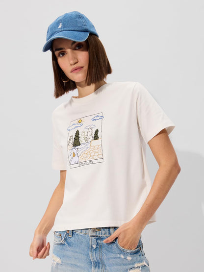 The Souled Store Serene Cotton Women & Girls Short Sleeve Round Neck Graphic Printed Relaxed Fit T-Shirts White