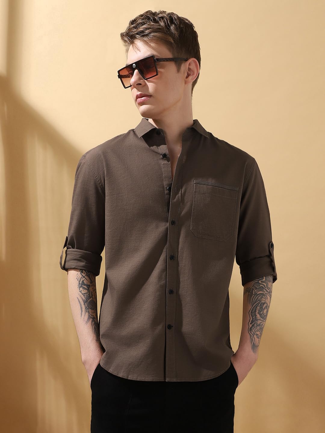 Dennis Lingo Men Regular Fit Brown Full Sleeves Cotton Casual Shirt
