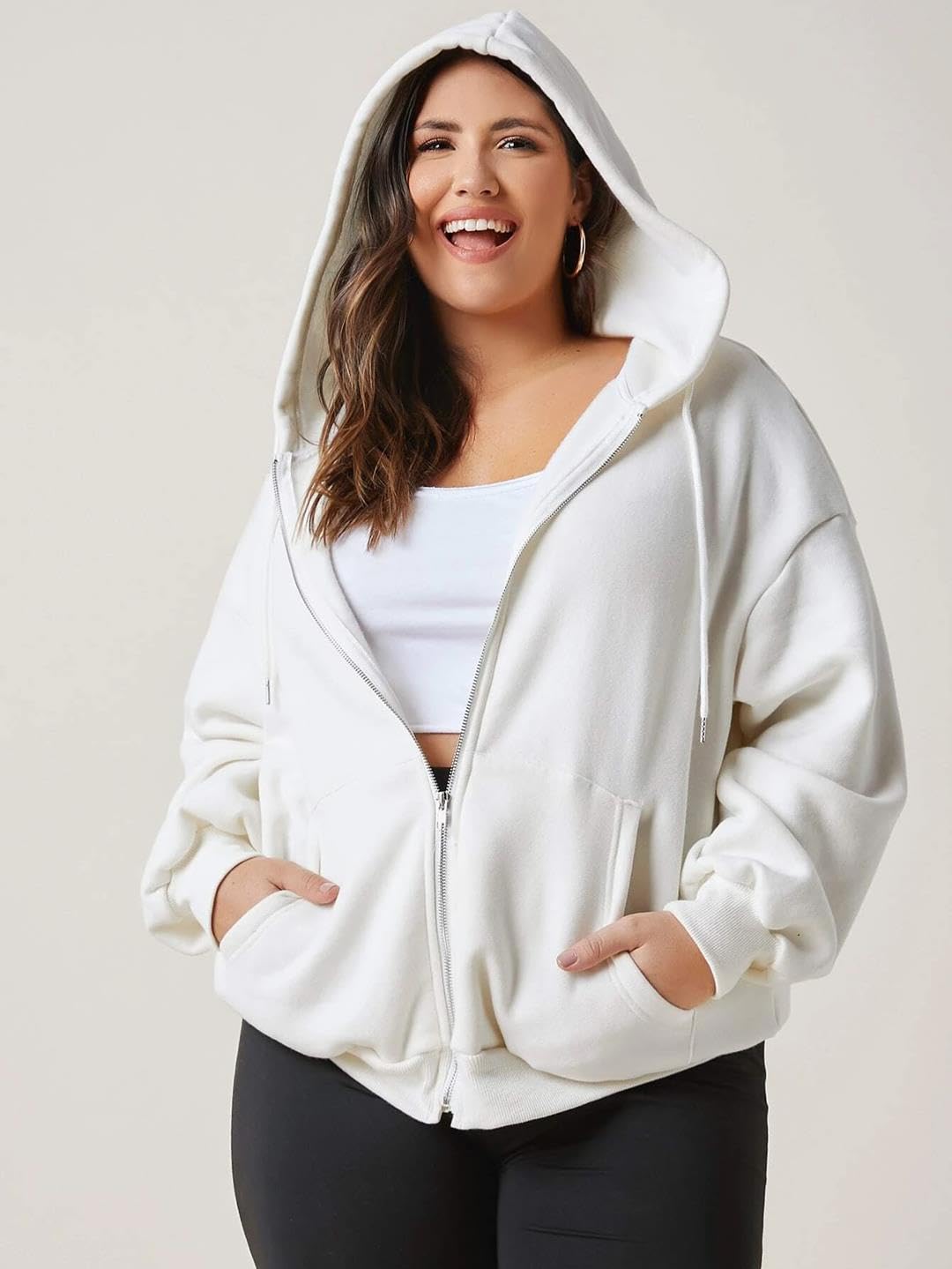 Kotty Full Sleeve Solid Women Plus Size Hooded Sweatshirt Off White