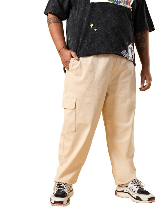 Bewakoof Mens Solid Regular Fit Cotton Blend Plus Size Cargo Carpenter Casual Pants_617491_Beige_44