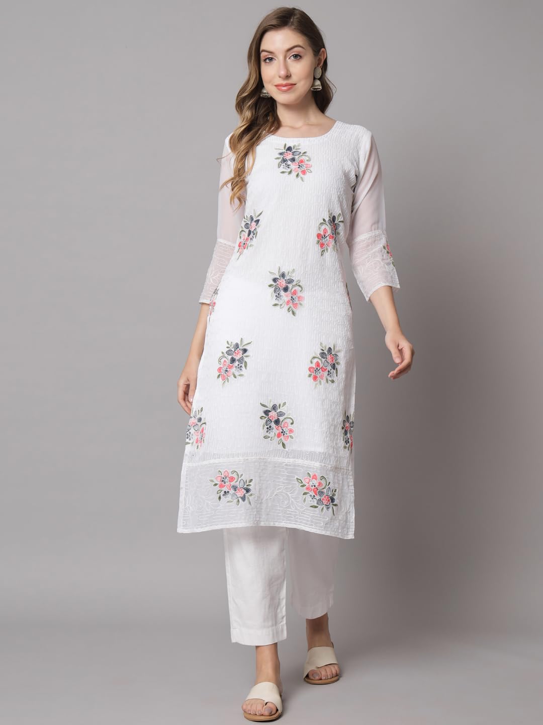 Ekasya WomenS Georgette Straight Cut Round Neck Kurta With Beautiful Floral Embroidery Work - Elegant Design, Comfortable Fit,