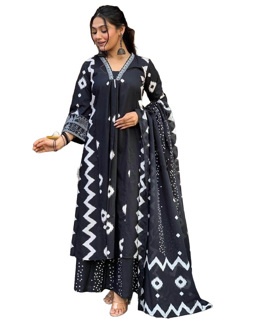 KLOSIA Viscose Women Printed A-Line Kurta Pant With Dupatta (IN, Alpha, S, Black)