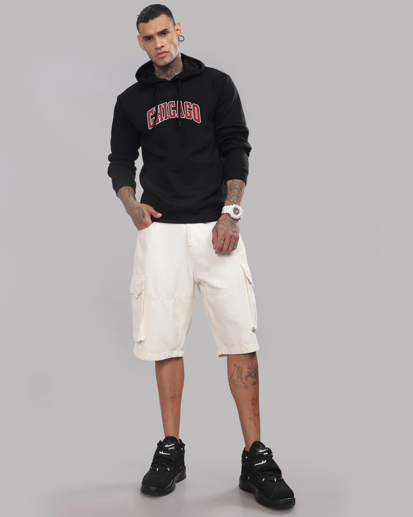 ADRO Men's Cotton Neck Hooded Sweatshirt (H24-CAGO-BL_Black