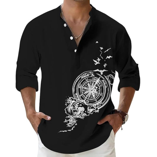 Deemoon MenS Cotton Blend Mandarin Collar Self One Design Full Sleeve Casual Short Kurta Black
