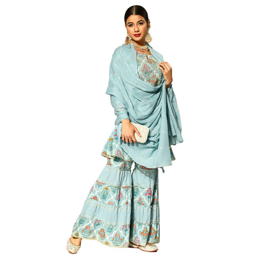 ishin Women's Cotton Blend Blue Embroidered & Zari work Anarkali Kurta suit set With Dupatta & Sharara