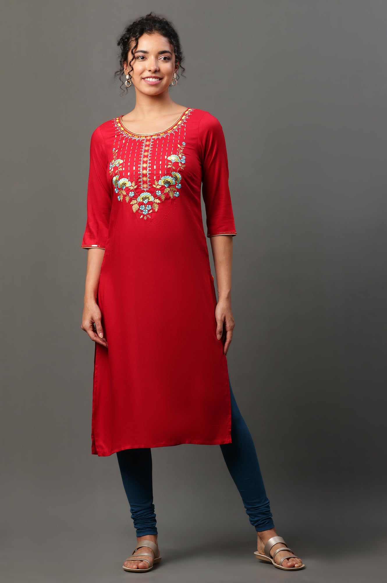 Aurelia WomenS Solid Zari Embriodery Straight Kurta | Lightweight Round Neck Kurta For Women | Solid Kurta For Women | Beautiful