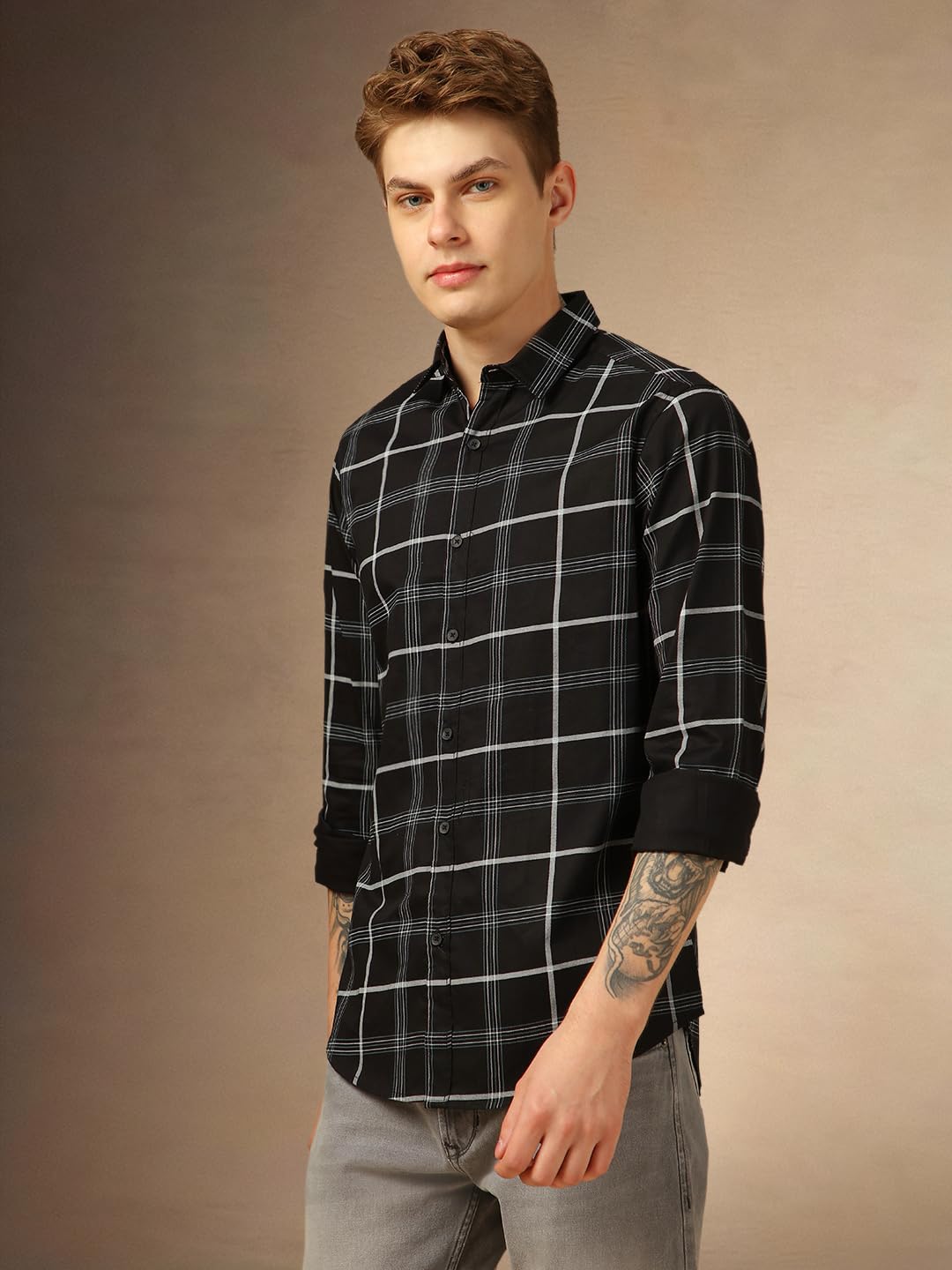 Dennis Lingo Men Slim Fit Cotton Full Sleeves Windowpane Checks Casual Shirts Black