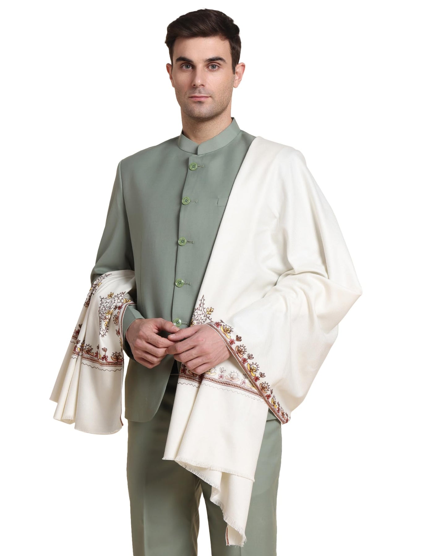 Weavers Villa Mens Acro Wool Blend Hand Embroidery Threadwork Shawl - Handloom Paisley - Stoles for Men - Gents Shawls - Soft &