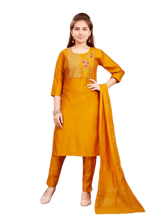 Aarika Girls Ethnic Wear Mustard Colour Zari Thread Embroidery Silk Kurti Pant Set