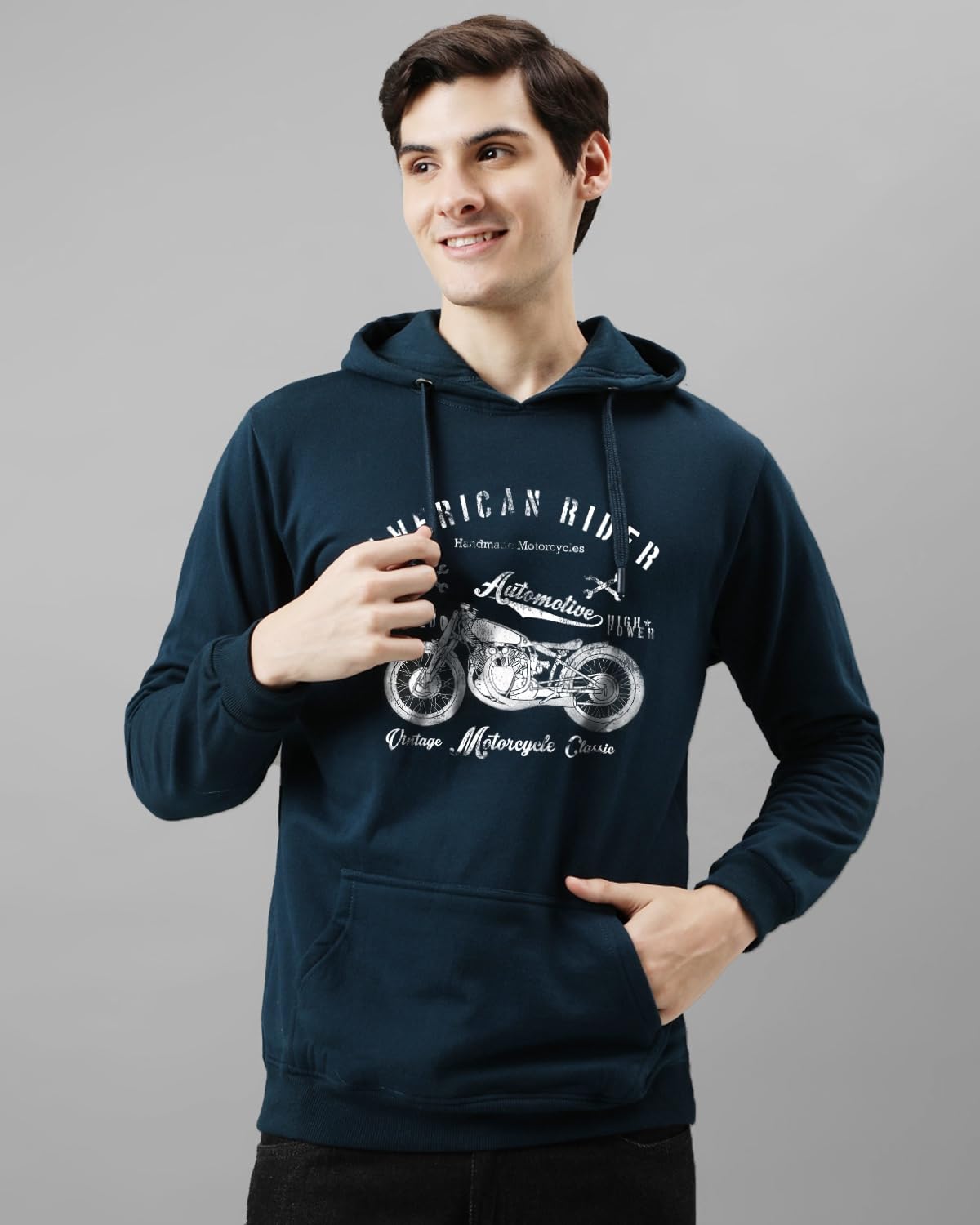 ADRO Men's Cotton Blend Neck Hooded Sweatshirt (H24-AME-SB_Teal