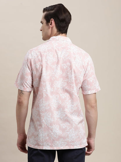 Turtle Men Light Pink Printed Half Sleeve Slim Fit Cotton Tencel Casual Shirt