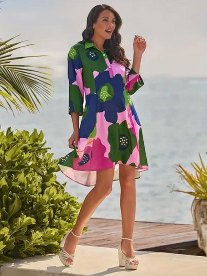 Gufrina WomenS Crepe Midi Dress With 3/4Th Sleeves Floral Printed Collar Neck Maxi Length Regular Fit And A Line Style Pink