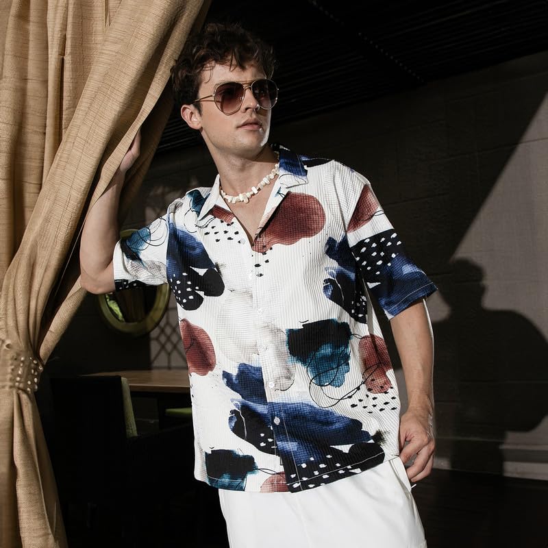 Campus Sutra Mens Daisy White Abstract Blob Oversized Shirt for Casual Wear | Cuban Collar | Short Sleeve | Button Closure | Ov