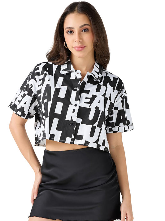 Bewakoof Womens All Over Printed Oversized Fit Half Sleeve Collared Neck Cotton Blend Cropped Shirt_617277_White_2XL