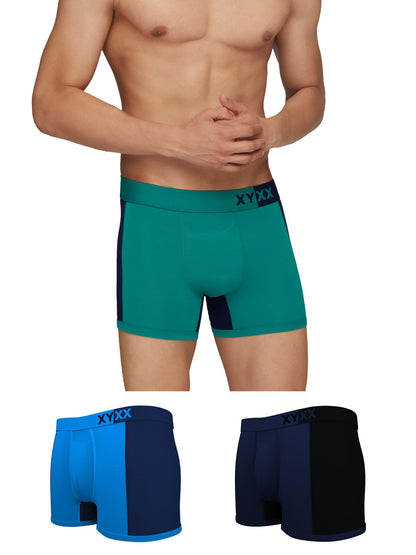 XYXX Mens Underwear Dualist IntelliSoft Antimicrobial Micro Modal Trunk Pack of 3 (Navigate & Black Iris;Black Iris & Black;Bri