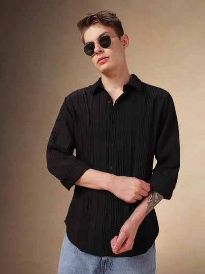 Dennis Lingo Men Black Textured Polyester Regular Fit Full Sleeve Shirts