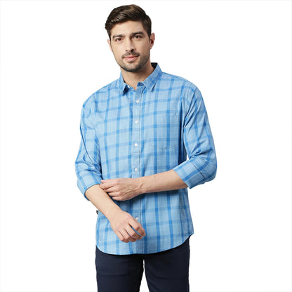 Thomas Scott Mens Checkered Slim Fit 100% Cotton Casual Shirt with Spread Collar and Long Sleeve Royal Blue