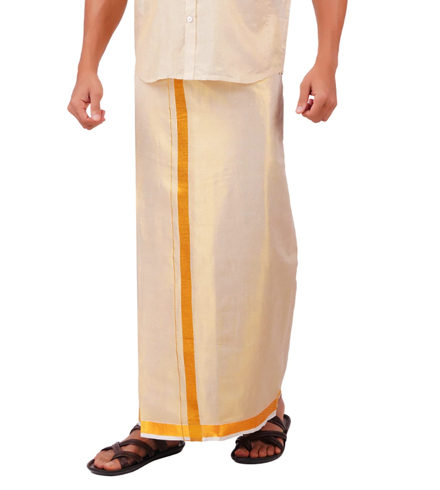 Prakasam Cotton Tissue Gold Readymade Welcro Pocket Jari (50K) Solid Men Dhoti/Tissue 4 Mulam (Single) Readymade Pocket Dhoti