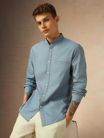 Dennis Lingo MenS Dusty Blue Full Sleeve Mandarin Collar Solid Regular Fit Casual Shirt