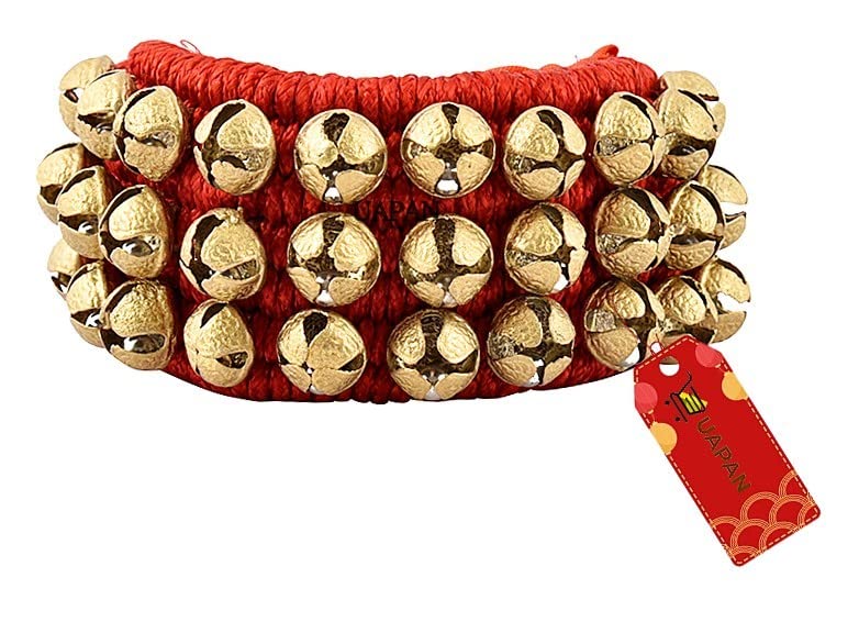 UAPAN Brass Ghungroo Anklets Bells, 3 Line Pad, Red, Pair - Traditional Indian Jewelry