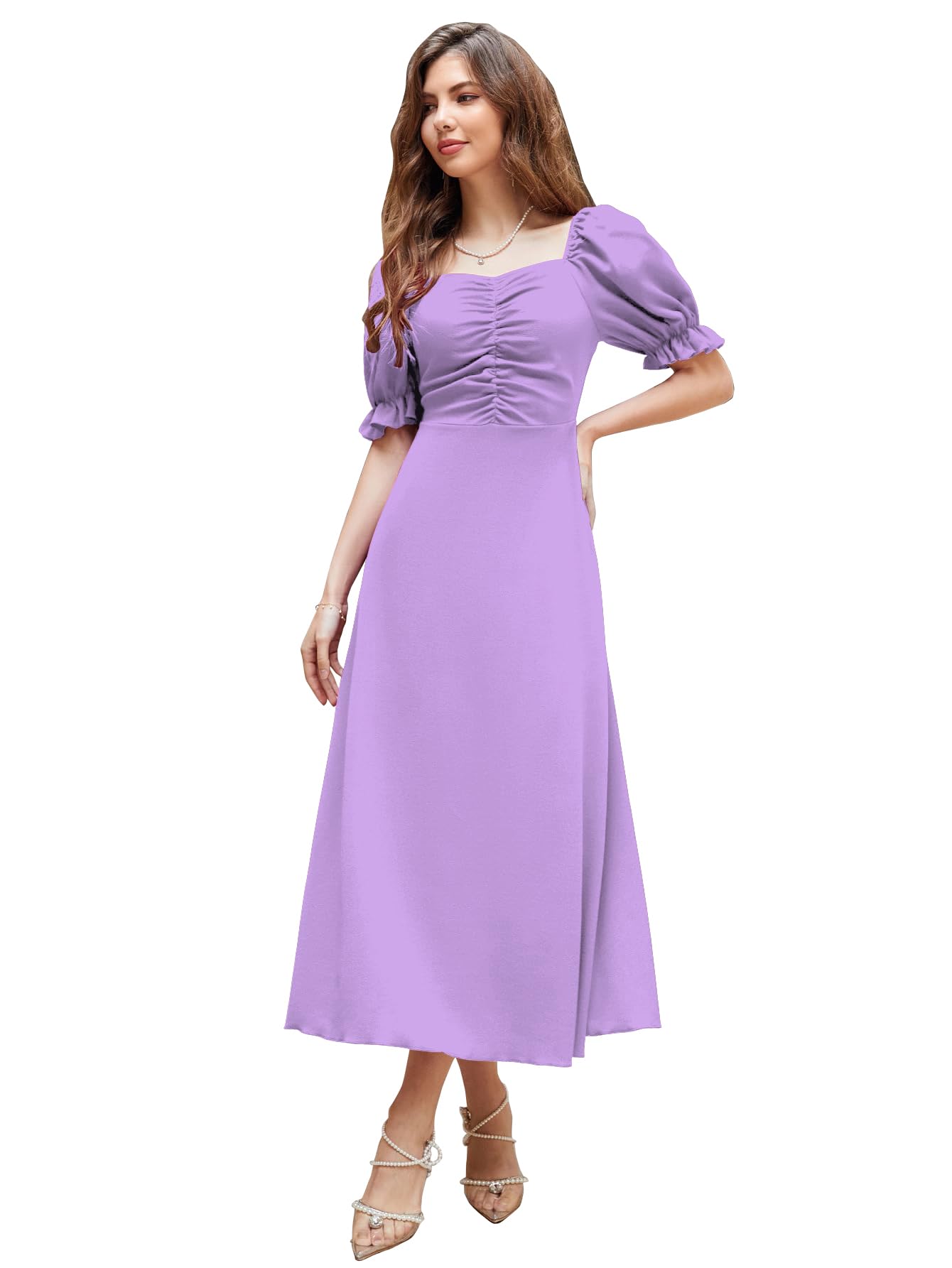 Shasmi GirlS & WomenS Solid A-Line Ruched Puff Sleeve Maxi Long Evening One Piece Long Dress For Women Stylish (Dress 131 Ligh
