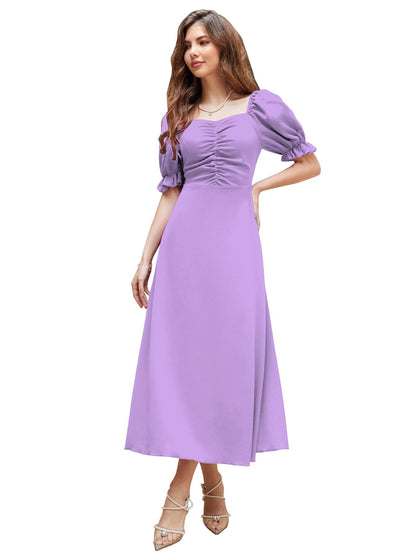Shasmi GirlS & WomenS Solid A-Line Ruched Puff Sleeve Maxi Long Evening One Piece Long Dress For Women Stylish (Dress 131 Ligh