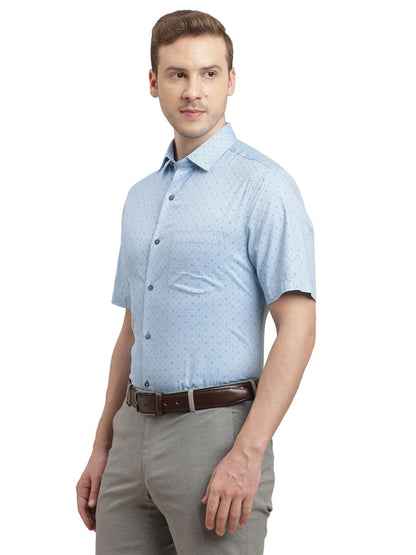 Turtle Men 100% Cotton Regular Fit Light Blue Printed Half Sleeve Formal Shirt