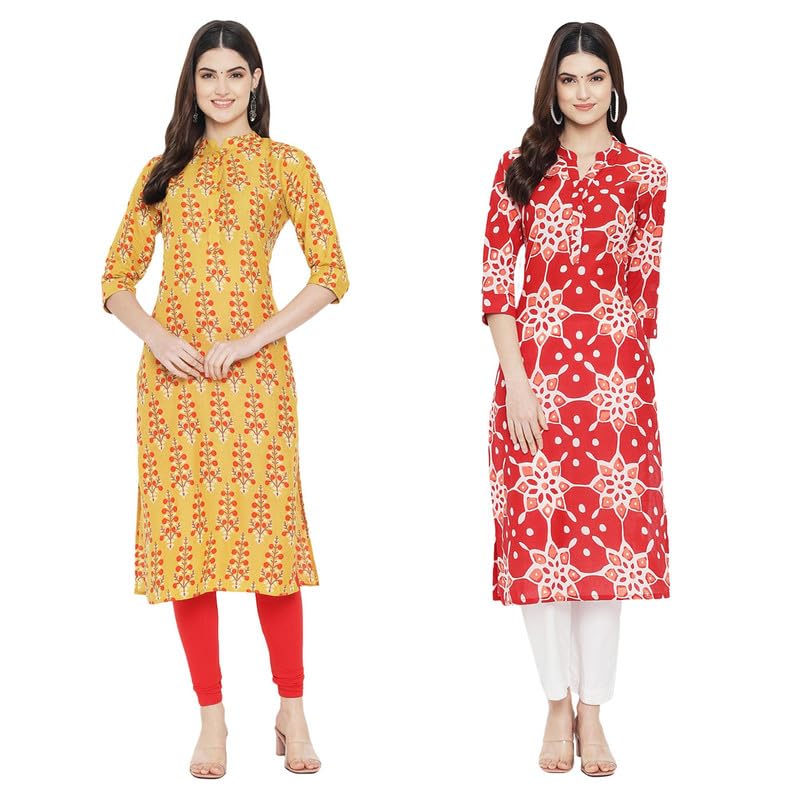 Pinkmint Women Cotton Printed Kurta Stylish Regulr Fit GirlS Combo Kurta Ll Regular Fit Combo Kurta (Pack Of 2) Yellow-Red